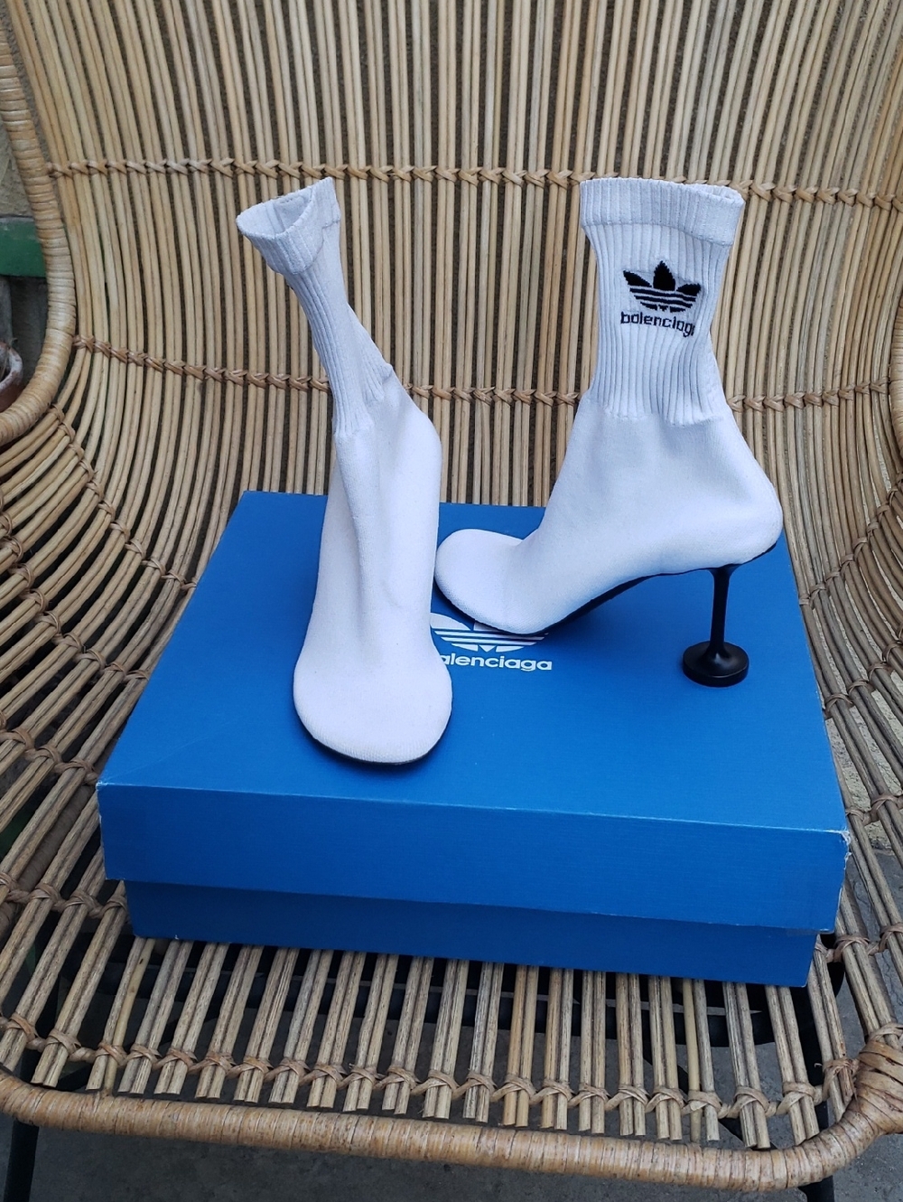 Authentic Balenciaga White Sock Stiletto Heels with Black Logo